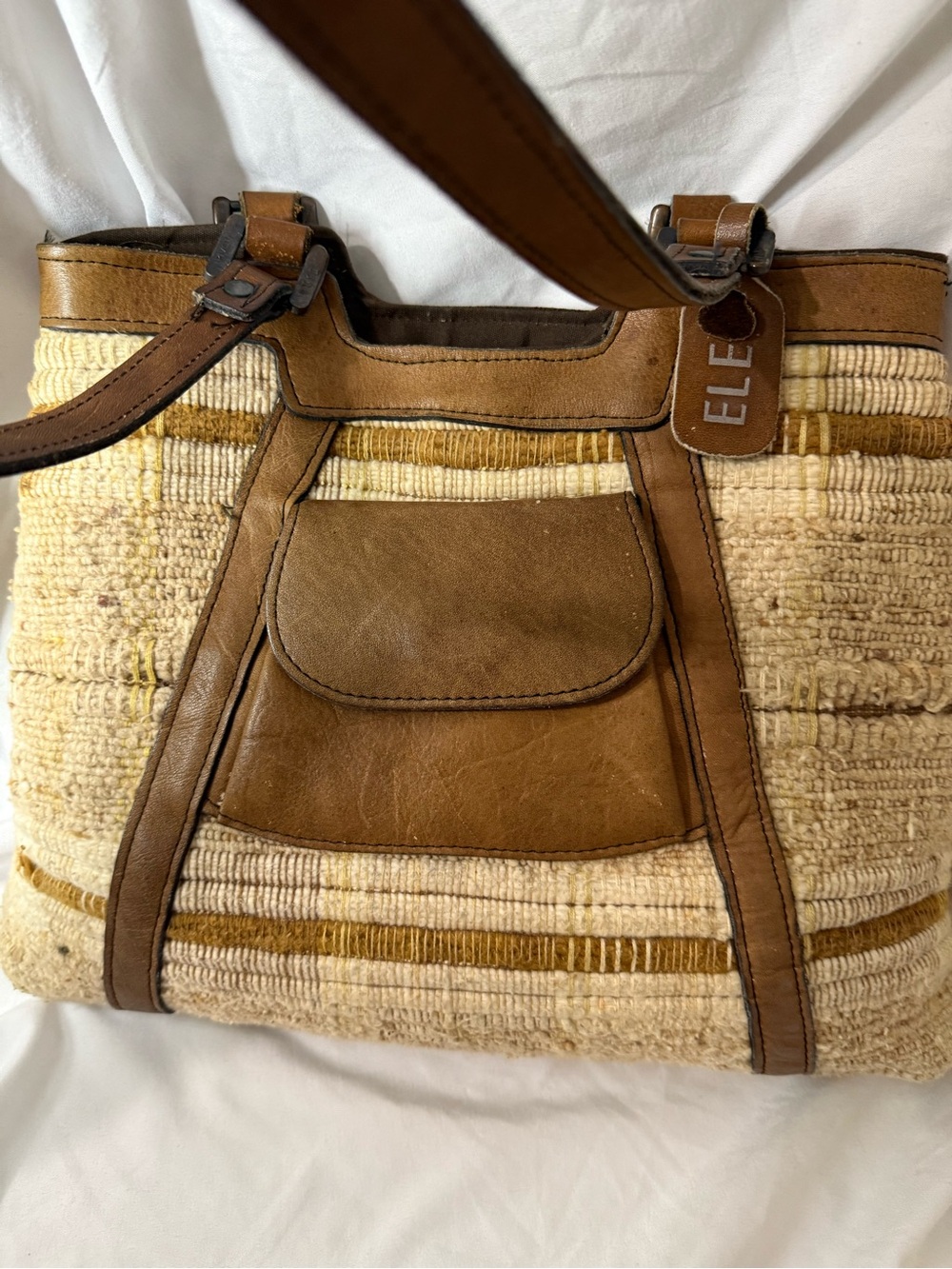 ELE Leather-Trim Cream Woven Tote